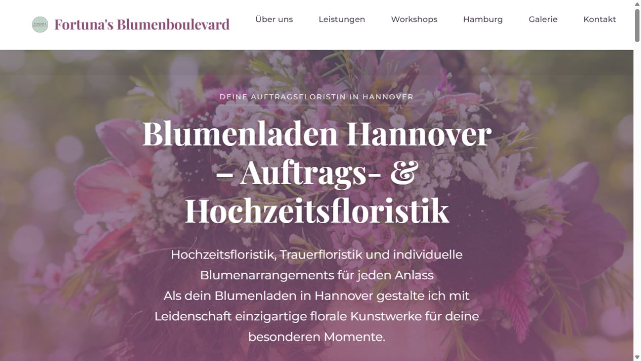Die Website von Fortuna’s Blumenboulevard mit Blumen und Workshops (Desktop)