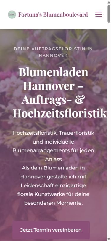Die Website von Fortuna’s Blumenboulevard mit Blumen und Workshops (Mobilansicht)