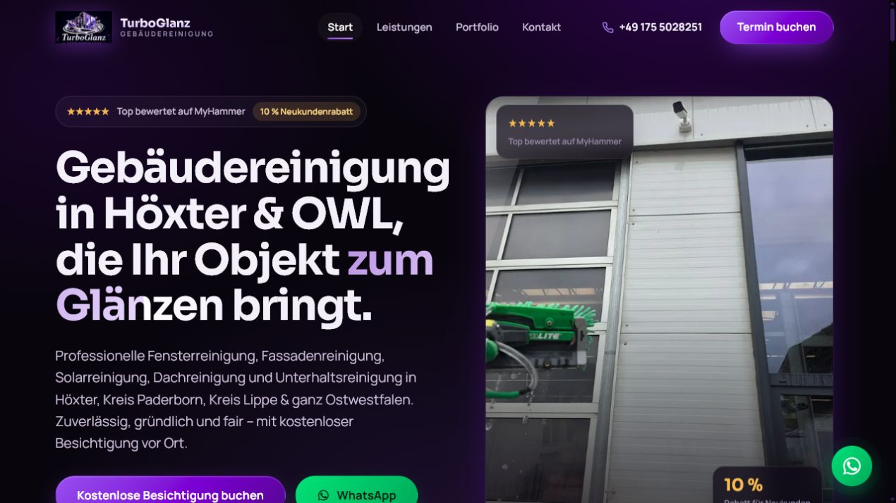 Startseite der TurboGlanz Gebäudereinigung, gestaltet und entwickelt von VanThunder