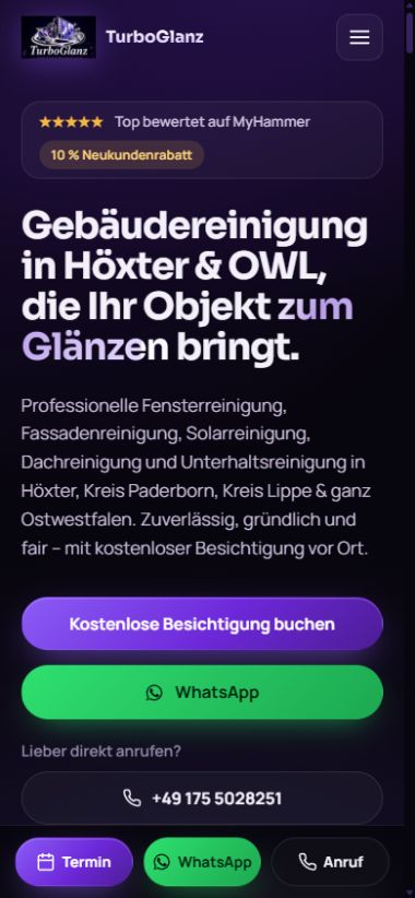 Die Website von TurboGlanz: Gebäudereinigung in Höxter und OWL (Mobilansicht)